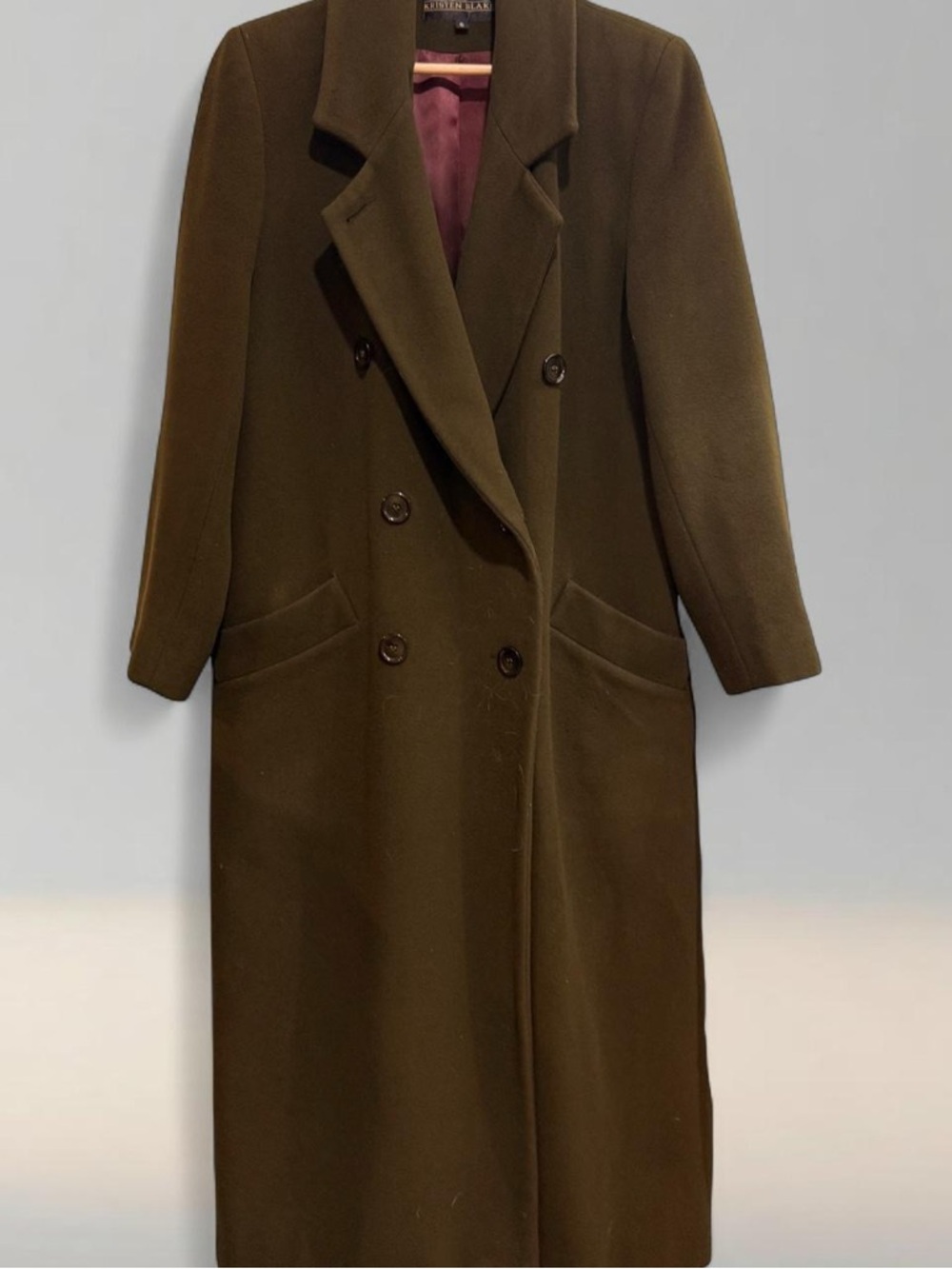 Vintage 90s Kristen Black Long Double-Breasted Wool Coat in Olive - Women's